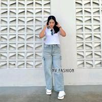 Gambar Celana Highwaist Baggy Cargo Jeans Retro Whisker Celana Loose Baggy Cargo Jeans Wanita Panjang Cewek Kancing Bawahan - LIGHT BLUE RETRO, 32 dari NV,Fashion undefined 3 Tokopedia