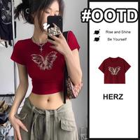 Gambar crop top gadis panas retro lengan pendek merah/kaos t-shirt butterfly print slim fit ketat bulat bahu/kaos press body wanita korean style/baju atasan katun premium/kaos croptee elastic cewek - merah, s dari Herz Store_NEW undefined 1 Tokopedia
