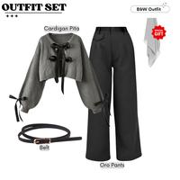 Gambar RS28 | Monokrom Outfit Trendy & Classy (Setelan Cardigan Ribbon Dark Grey, Oro Pants Hitam, dan Belt Hitam) | Outfit Ngonser dan Ngafe Cantik - RS28 Outfit Set dari Rosapeastyle undefined 4 Tokopedia