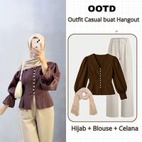 Gambar Setelan OOTD Remaja Kekinian | Blouse Coklat, Celana Ivory, Hijab Segiempat | Outfit Casual ALL010 - Blouse dari All-NEW Shops undefined 1 Tokopedia