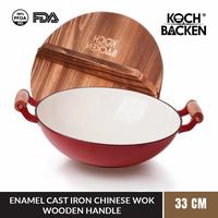 Gambar KOCH&BACKEN High Glossy Enamel Cast Iron Wok Flat Bottom With Wooden Handle - Wajan Penggorengan Kuali Anti Lengket - 36cm dari Koch&Backen undefined 1 Tokopedia