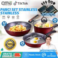Gambar [GRATIS EXCLUSIVE TOKO STEVEN STENLY] QME- 5in1 Panci Set Stainless / Wajan 32cm/ Teflon 24cm / Panci 24cm/ Sendok 12pcs / Spatula PERALATAN MASAK - FREE ONGKIR Peralatan Dapur - Merah Maroon (Gratis Toko Steven Stenly) dari QME INDONESIA undefined 1 Tokopedia