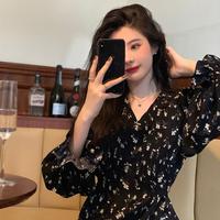Gambar Lady.luxee DR1580 Gaun Lengan Panjang Midi Dress Wanita Elegan Motif Bunga Kasual Korean Casual Vintage Polyester Floral Simple Pantai Hitam Retro - HITAM, M dari Lady.luxee undefined 3 Tokopedia