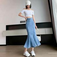 Gambar Rok Duyung Jeans Wanita Korean Style-Rok Duyung Jeans Denim Premium Streach/Melar Kekinian Span - Duyung snow blue, XL (BB 56-65kg) dari Jasmine Outentik undefined 1 Tokopedia
