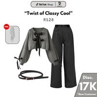 Gambar RS28 | Monokrom Outfit Trendy & Classy (Setelan Cardigan Ribbon Dark Grey, Oro Pants Hitam, dan Belt Hitam) | Outfit Ngonser dan Ngafe Cantik - RS28 Outfit Set dari Rosapeastyle undefined 1 Tokopedia