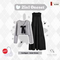 Gambar Ootd Cewek Kece 1 Set Berhijab Remaja  Baju | Cardigan Rajut Ribbon Abu-Abu, Inner Dress Ruffle Hitam, Hijab Bella Square Hitam |  1 Set Outfit Wanita Kekinian  Setelan  - OS53 - Outfit Set dari Outfit Spacee undefined 5 Tokopedia