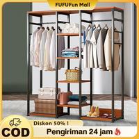 Gambar FUFU Lemari Gantungan Baju Multifungsi Rak Penyimpanan Pakaian Kayu dan Besi - Hemat Ruang, Praktis dan Kokoh - Cokelat 90CM dari FUFUFun Mall undefined 1 Tokopedia