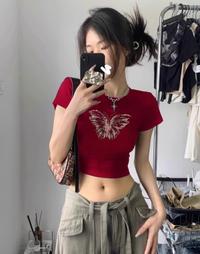 Gambar crop top gadis panas retro lengan pendek merah/kaos t-shirt butterfly print slim fit ketat bulat bahu/kaos press body wanita korean style/baju atasan katun premium/kaos croptee elastic cewek - merah, s dari Herz Store_NEW undefined 4 Tokopedia