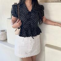 Gambar korean Coquette Fitted Shirt Polkadot Black White Blouse Tali Pita Wanita Ribbon Top - Black dari Shopatbear undefined 1 Tokopedia