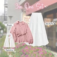 Gambar DazzelChic 3 In 1 Set AB313 - One Set Korean Style Hijab Outfit Hangout ke Pantai Setelan Wanita Kekinian Ootd Bukber Blouse Oary + Rok Susun Ruffle - one set non hijab dari dazzelchic undefined 2 Tokopedia