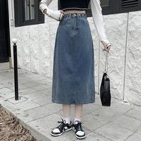 Gambar Rok Denim Belahan Belakang Biru Retro Rok Pinggul A-line Pinggang Tinggi Modis Wanita Gaya Korea Kaos Panjang - BLUE, S dari studiojsj undefined 5 Tokopedia