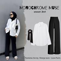 Gambar MONOCHROME MUSE ONESET 3IN1 - Outfit Wanita Simple ( Loose Pants Anti kusut + Kemeja Basic Putih + Hijab Pashmina Ceruty ) OOTD Skena Ala Selebgram, BK19 - Loose pants + Kemeja Basic dari Diku Outfit undefined 1 Tokopedia