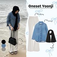 Gambar Yoonji One set ootd cewe 3in1 (atasan kemeja denim, Bawahan celana cutbray, hijab pashmina Ceruty ) setelan baju panjang wanita  Kombinasi dewasa kekinian simple dan cantik Muslim outfit set remaja bukber elegan casual korean style - Oneset dari Fitmee Stylee undefined 1 Tokopedia