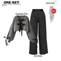 Gambar RS28 | Monokrom Outfit Trendy & Classy (Setelan Cardigan Ribbon Dark Grey, Oro Pants Hitam, dan Belt Hitam) | Outfit Ngonser dan Ngafe Cantik - RS28 Outfit Set dari Rosapeastyle undefined 5 Tokopedia