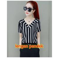 Gambar UE576 NEW Blus Wanita Fashion Lengan Pendek Slim Fit Bergaris V-Neck S dari Avisha Bertoldi11 undefined 5 Tokopedia
