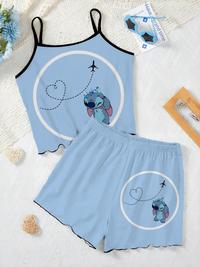 Gambar Elegant Women's Sets Lettuce Trim Pajama Skirt Disney T-shirt Slip Dress Stitch Top Pieces Short Piece Outfit Summer Suit Disney dari Dddarmini undefined 3 Tokopedia