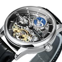 Gambar IMPORT Forsining Luxury Skeleton Mechanical Watches for Men Dual Time Zone Tourbillion Automatic Watch Genuine Leather Strap Moon Phase dari barberstorerr undefined 5 Tokopedia
