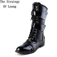 Gambar Spring Autumn British Style Thick Heels Rivet Buckles Bling Patent Leather Men Punk Riding Equestrian Military Army Half Boots dari Quick Retreat undefined 1 Tokopedia