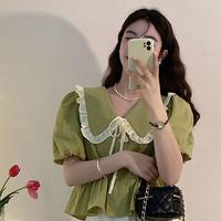 Gambar Yiyi Girl Lucu Baju Atasan Wanita Kekinian Korean Lengan Pendek Blouse Ready - Hijau dari LEWIS DIAMOND undefined 5 Tokopedia