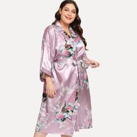 Gambar Long Satin Robe Lady Print Peacock Nightwear 3XL Kimono Bathrobe Gown V-Neck Lingerie Large Size Nightgown Lounge Wear Sleepwear dari bbaappaakkaaddhhyyyy undefined 5 Tokopedia