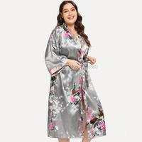 Gambar Long Satin Robe Lady Print Peacock Nightwear 3XL Kimono Bathrobe Gown V-Neck Lingerie Large Size Nightgown Lounge Wear Sleepwear dari bbaappaakkaaddhhyyyy undefined 3 Tokopedia