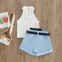 Gambar Little Girl Three-Piece Outfits Solid Color Sleeveless Ribbed Stand-Up Collar Tops + Belted Short Pants + Small Waist Pack 6M-4T dari L VINA STORE undefined 3 Tokopedia