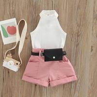 Gambar Little Girl Three-Piece Outfits Solid Color Sleeveless Ribbed Stand-Up Collar Tops + Belted Short Pants + Small Waist Pack 6M-4T dari L VINA STORE undefined 4 Tokopedia