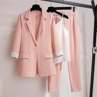 Gambar 3 Pcs/Set Blazer Suit Pants Vest Set Elastic Waist OL Style Solid Color Turn-down Collar Anti-wrinkle Lady Business Outfit dari Iyaldore undefined 1 Tokopedia