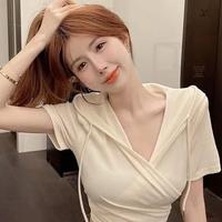 Gambar 【Premium】Atasan Hoodie Crop Top Lengan Pendek Wanita V Neck 1679 (S-XL) Topi - Black, S dari 99koutlet undefined 5 Tokopedia