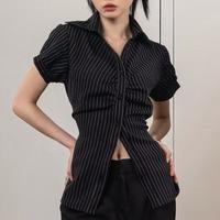 Gambar Tq88indonesia Baju Kemeja Slim Fit Wanita Lengan Pendek / ESSI Top Kemeja Salur Fit Body / Kemeja Pas Body Wanita - SALUR HITAM dari Tq88indonesia undefined 2 Tokopedia