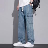 Gambar celana cargo pria baggy panjang jeans celana pinggang karet kargo denim pants korean style - Biru, S(40-44kg) dari Buffer.id undefined 4 Tokopedia