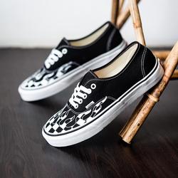 navy blue checkered flame vans