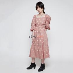 Eri Jumputan Ruffles Midi Dress / Dress Kerut Batik Krem Sekouwit