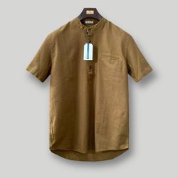 Peternation kemeja pria linen plus sanghai pendek wangki camel