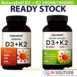NatureBell Vitamin D3 & K2 MK7 240 Softgels Duo Ack In Coconut Oil 5000 & 10000 IU