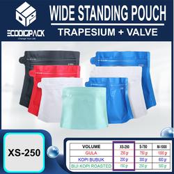 KEMASAN KOPI 150 GR WIDE STANDING POUCH TRAPESIUM XS-250 VALVE IMPORT
