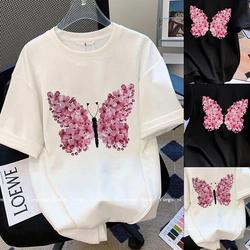 Kaos Big butterfly Hitam Oversize/Baju Cewek Korean Style/T Shirt Jumbo Bulat Premium/Atasan Katun 100% Wanita/Baju Wanita Kekinian Putih Polos/Tee Lengan Pendek Produk Cetak Custom