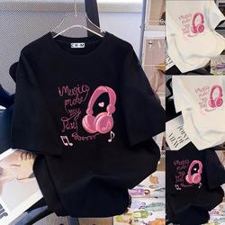【CHMian mall】T-SHIRT WANITA -Pink Earphones Pattern Kaos Baju Oversize Round Neck Lengan pendek  kaos  wanita terlaris/ kaos  murah