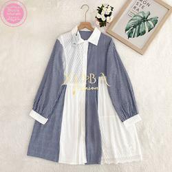 Xo ba Fashion 35 25 Atasan Wanita LD 112 cm Tunik Salur Katun Mix Brukat Baju Panjang - MOTIF 2 DENIM