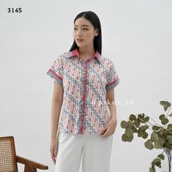 Pikoi_id | Atasan batik wanita modern / baju kemeja kerah batik lengan pendek / Top Katun Kantor Kerja