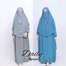 PARAYOU - Daily Gamis Set Syari Full Size (S,M,L,XL,XXL) Muslim Wanita Dress Seragaman Remaja Dewasa Kerudung Nyaman Lembut Mewah Santai Basic Hitam Panjang Putih Melar