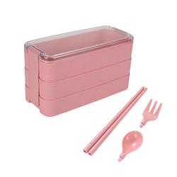 Kotak Bekal Makan 3 Susun + Sendok Garpu Lunch Box Bento Bahan Jerami Kitchenware - PINK