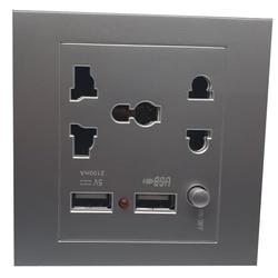 Stop Kontak Universal UK EU US 2 Port USB dengan On Off Switch - Silv