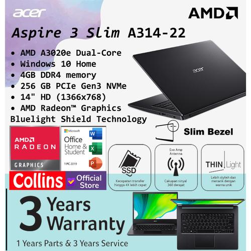 Foto Produk Acer Aspire 3 Slim A314-22 - AMD A3020e 4GB SSD 256GB 14" HD W10 OHS dari Collins Official
