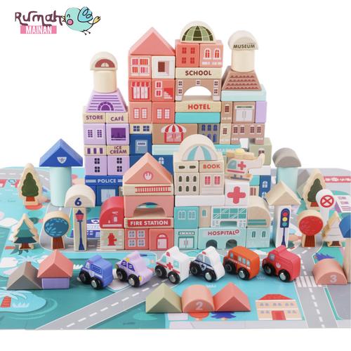Gambar Mainan Kayu Balok Bangunan Kota 115 PCS City Building Blocks Kado Anak dari Rumah Mainan Official Store Kab. Tangerang Tokopedia