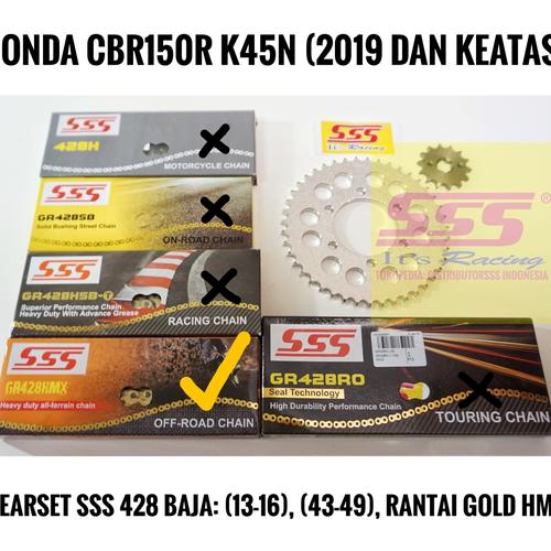 Jual GEAR SET GIRSET SSS 428 HONDA CBR150R K45N 6 LOBANG, RANTAI GOLD