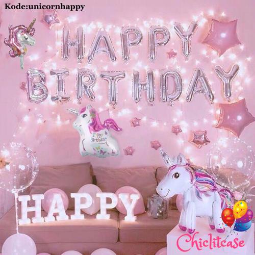 Foto Produk Paket set balon unicorn 3D pink hbd ulang tahun birthday LED dekorasi dari chic lit case