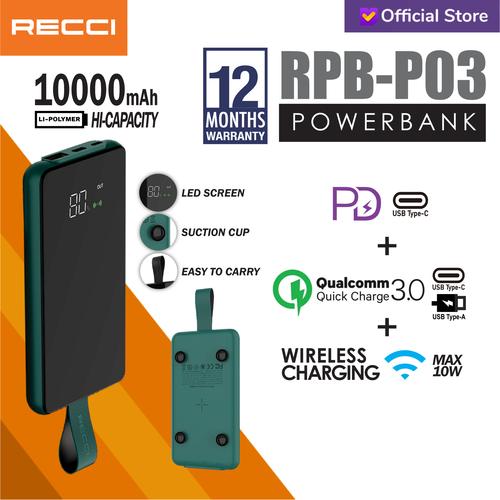 Foto Produk Recci Power Bank Led Wireless Suction Cup RPB-P03 10000Mah Hijau/Hitam - Hijau dari Recci Official Shop ID