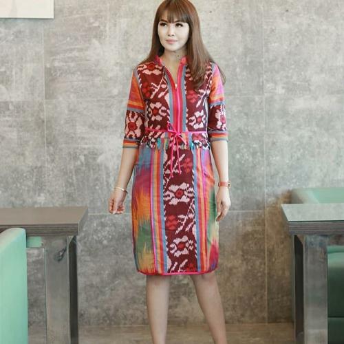 Foto Produk midi dress tunik wanita batik tenun rainbow FREE MASKER dari Tenun Ikat Mulia Jaya