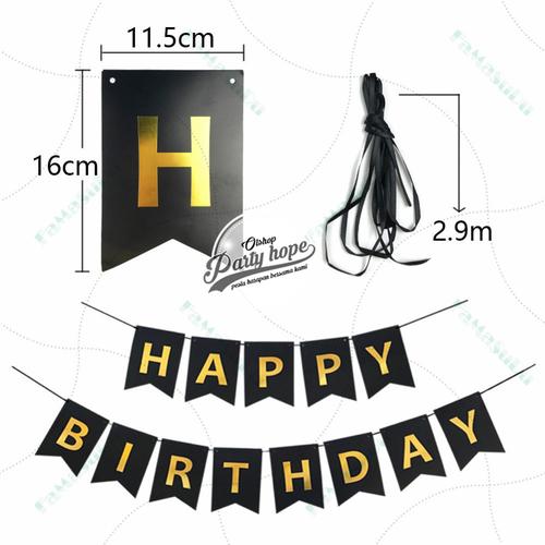 Foto Produk Banner happy birthday HITAM bunting flag hbd ultah HITAM tulisan gold dari PARTY HOPE 2